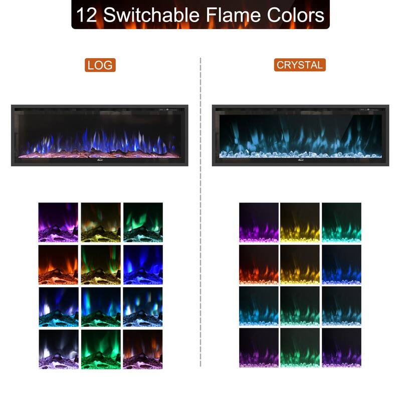 1500W Wall-Mounted &Recessed Electric Fireplace Heater with Remote Control