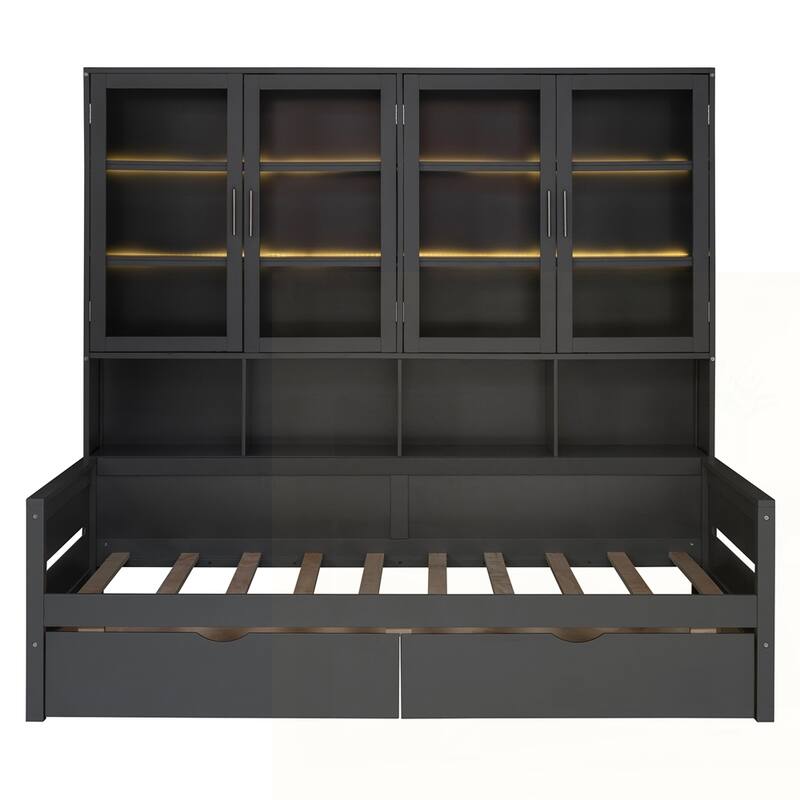 Wooden Daybed with Glass-Door Storage Cabinets and Built-in LED Lighting
