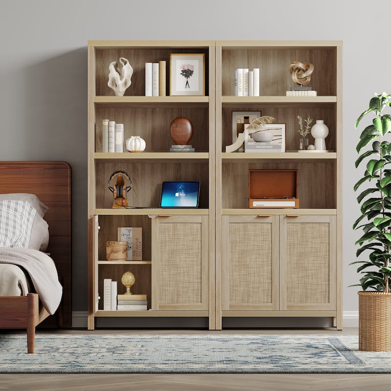 SICOTAS 5 Tier Adjustable Bookcase with Rattan Storage Cabinet
