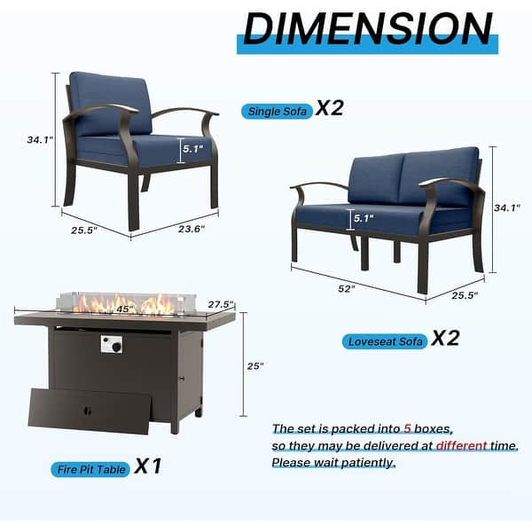 dimension image slide 10 of 14, Aluminum Patio Outdoor Sectional Sofa Set with Fire Pit, Swivel Rocking Chairs and Ottomans