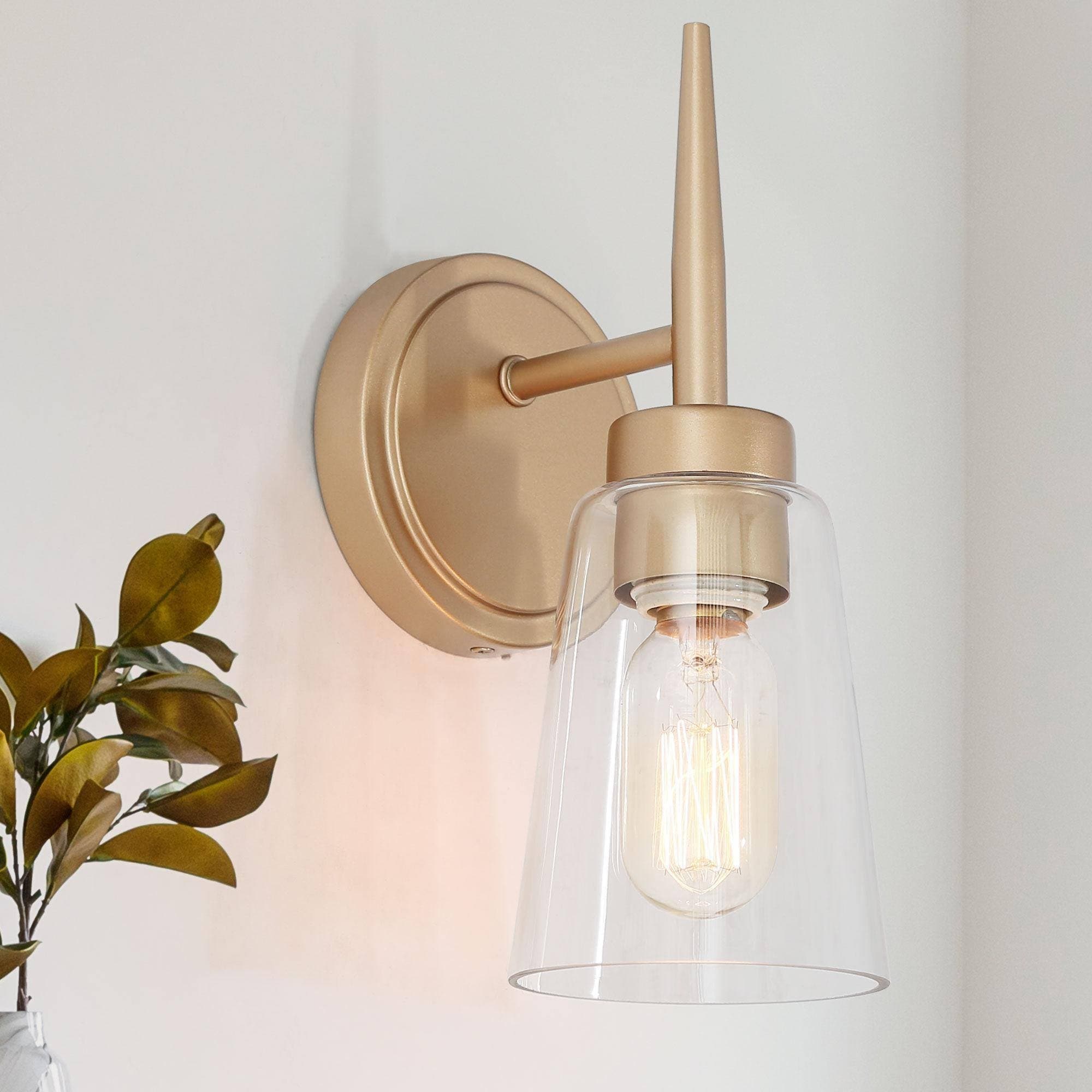 Modern Farmhouse 1-Light Wall Sconces Rose Gold Bathroom Vanity Light with Seeded Glass Shade - L 4.5"x W 5"x H 11"