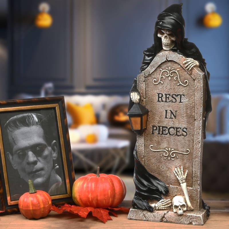 National Tree Company Halloween Skeleton Grim Reaper Standing with a Gravestone Decoration, 16 Inches