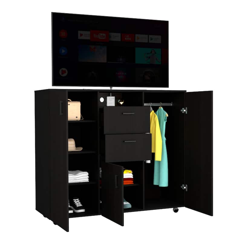 Double Door Cabinet Dresser,2 Drawers, Bedroom, Black