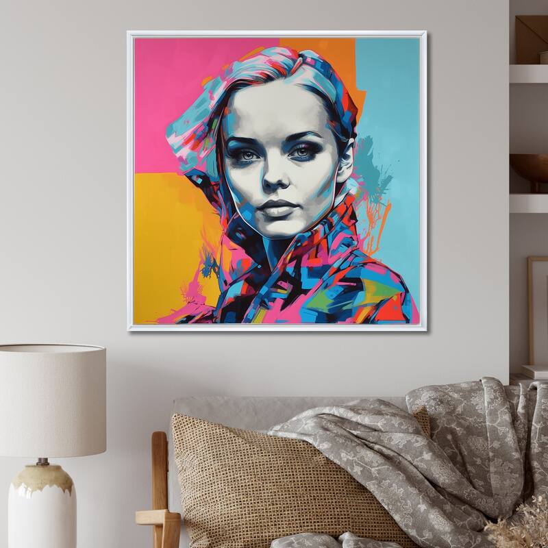 Designart "Retro Pop Art Portrait Of Beautiful Young Woman" Woman Pop Art Framed Canvas Wall Art - 16 in. wide x 16 in. high - White