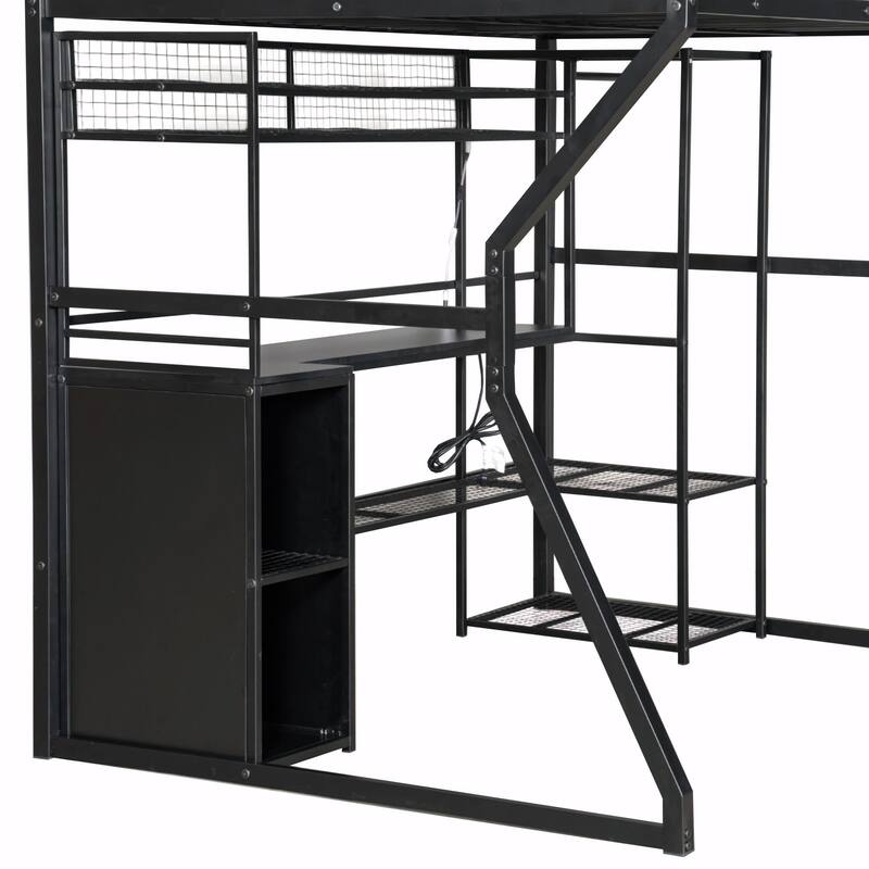 Full Size Metal Gaming Loft Bed with Built-in Work Station, Open Wardrobe, LED Lights
