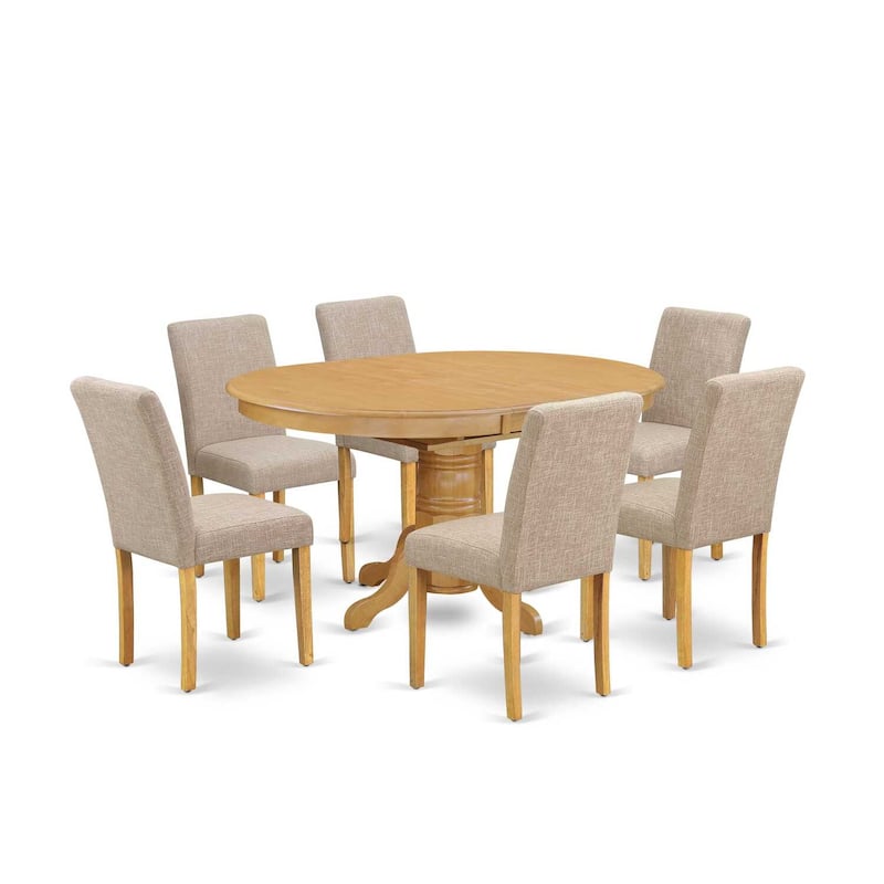French Country Dining Set - 7 Piece Table & Chair Set - Oval Kitchen Table with Leaf & Linen Chairs - 42x60 Inch Oak