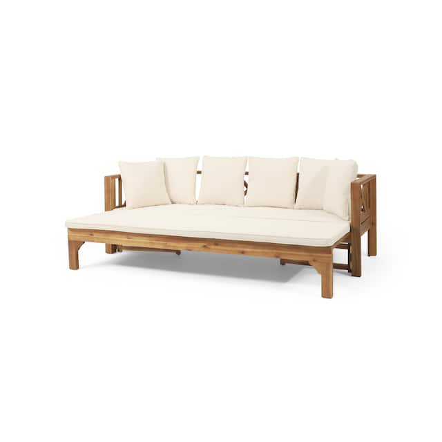 Long Beach Outdoor Extendable Acacia Wood Daybed Sofa by Christopher Knight Home - Teak +  Beige