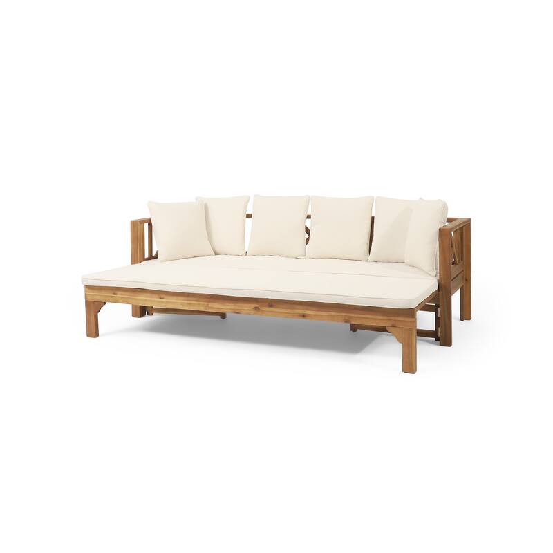 Outdoor Extendable Acacia Wood 3 Seater Sofa, Upholstered Cushion Couch, Daybed Sofa Chair, Spacious Seating Lounge Chair