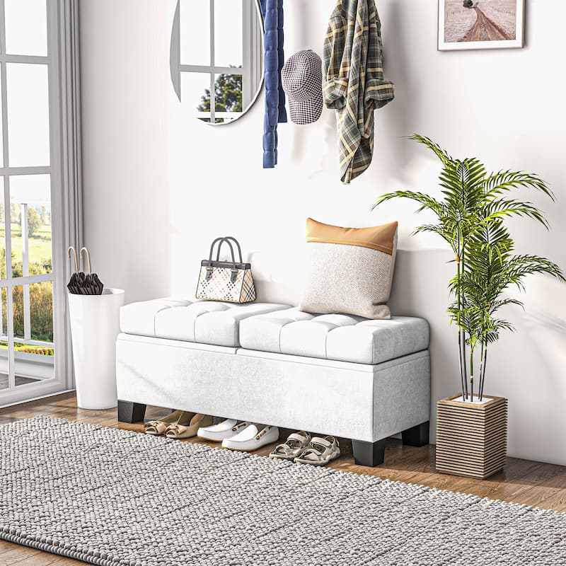 Upholstered Storage Bench with Safety Hinges for Living Room,Entryway,Bedroom - Cream White