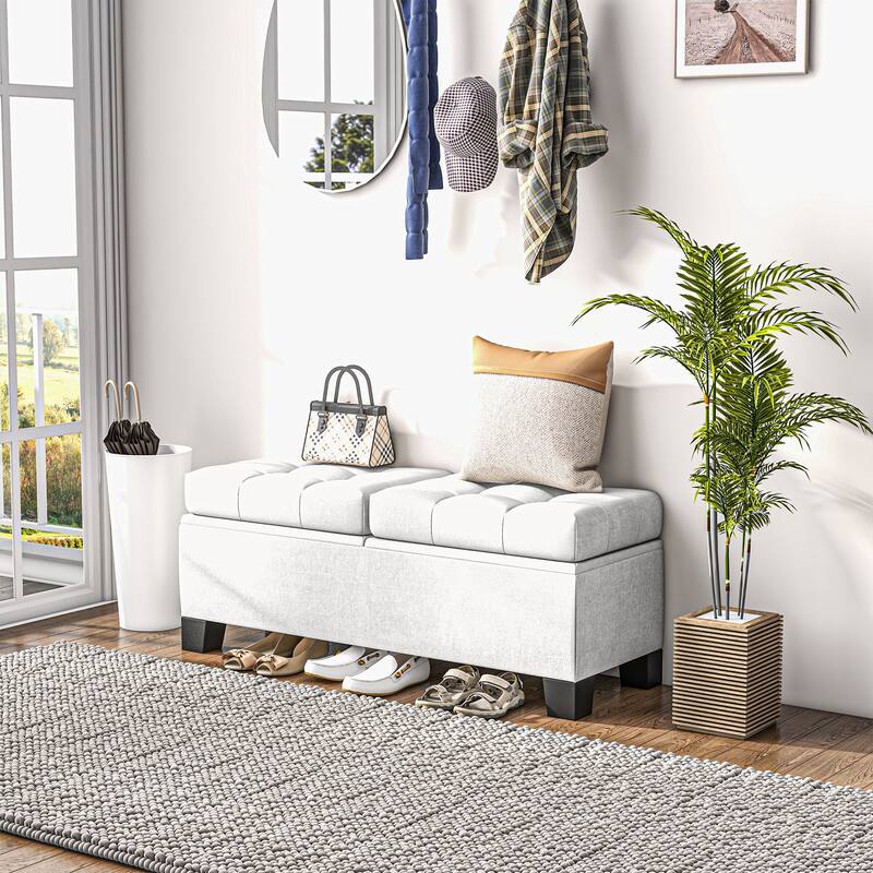 Upholstered Storage Ottoman Bench with Steel Frame - Cream White