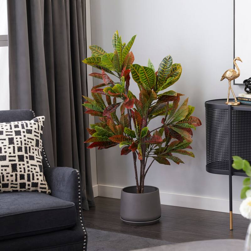 Green Faux Foliage Croton Artificial Plant with Realistic Leaves and Black Plastic Pot - Green