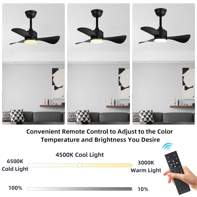 28 in. Modern Downrod Mount Ceiling Fan with 3-Color Light, 3 ABS Blades, Reversible DC Motor