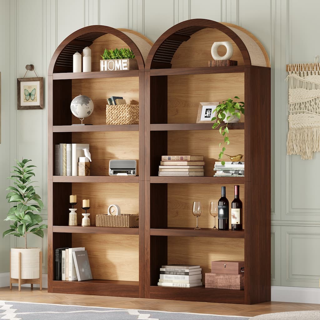 Freestanding Tall Bookshelves Set of 2, Farmhouse Two-Tone Open Storage Cabinet with Fabric Arched Top, 5-Tier Display Bookcase