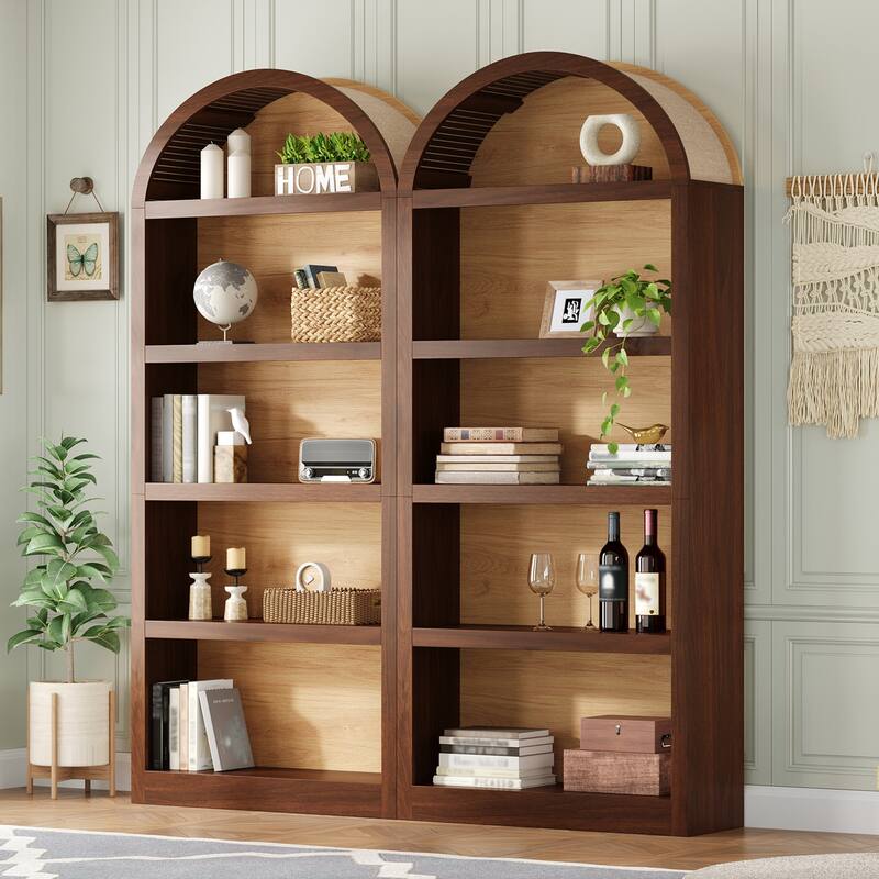 Set of 2 Farmhouse Tall Bookshelves with Arched Top, 5-Tier Open Storage Display Cabinet for Living Room