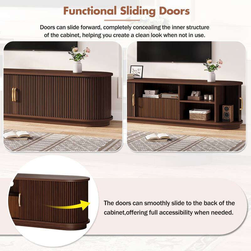 Vintage TV Stand with Sliding Wood Slatted Doors for TVs up to 75", with Drawer, Wood Grain Media Console with Cable Management