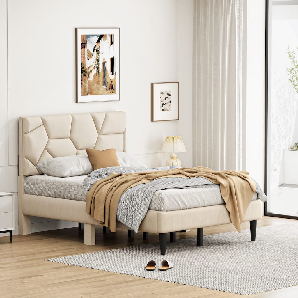 Linen Fabric Storage Bed Frame with Headboard, Upholstered Platform Bed with Under Bed Storage Space