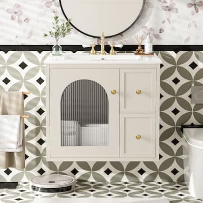 24" Wall Mounted Bathroom Vanity with Ceramic Sink, 2 Drawers and 1 Soft-Close Door