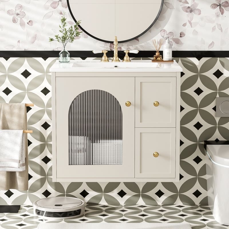24" Wall Mounted Bathroom Vanity with Ceramic Sink, 2 Drawers and 1 Soft-Close Door