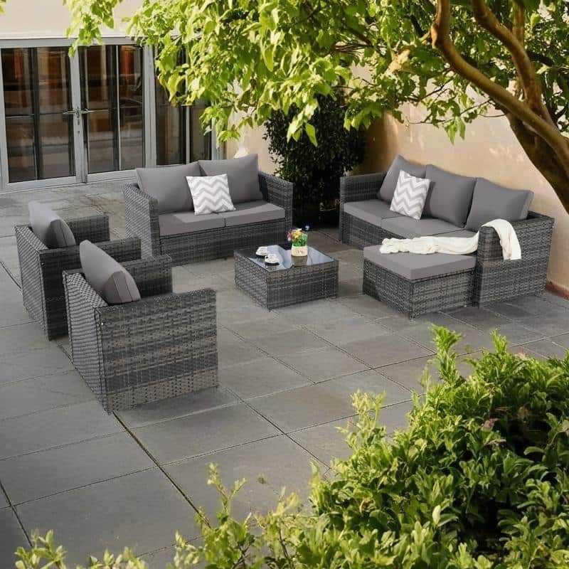 6-Piece Outdoor Patio Rattan Conversation Sectional Sofa Set with Tempered Glass Coffee Table and 2 Armchair - Dark Gray