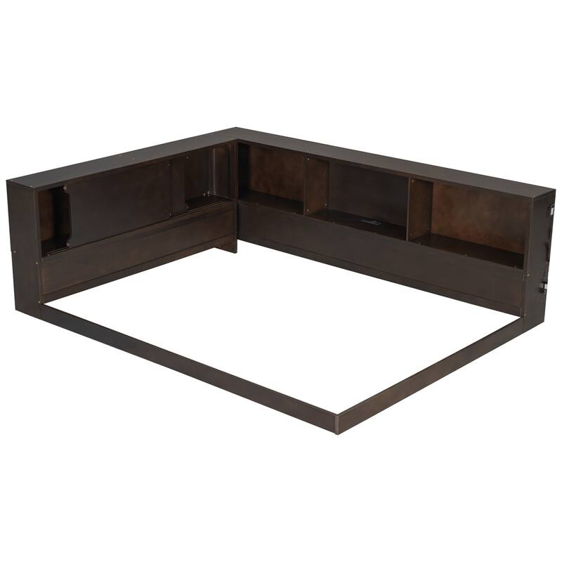 Queen L-Shape Storage Daybed with LED Shelf, Hidden Slide Cabinet & Built-In USB Power Hub by Harper&Bright Designs