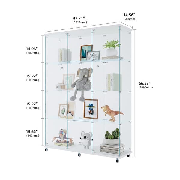 dimension image slide 23 of 24, Glass Display Cabinet with Doors & Locks, Acrylic Shelves, Floor Standing Storage Showcase for Home or Office