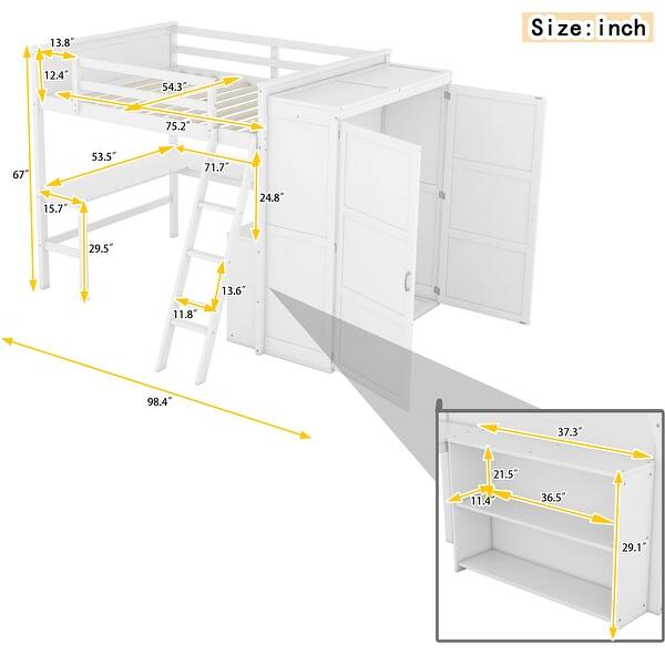 White Solid Pine Loft Bed with Desk, Shelves, Wardrobe, Guardrails