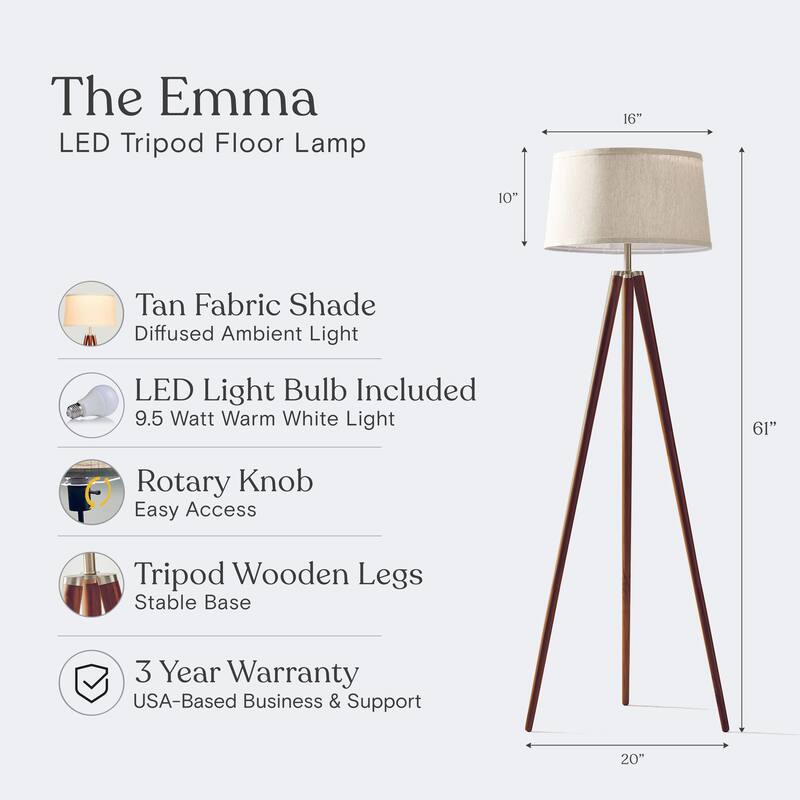 Brightech Emma 61 in. Mid-Century Modern LED Super Bright Floor Lamp with Beige Fabric Drum Shade