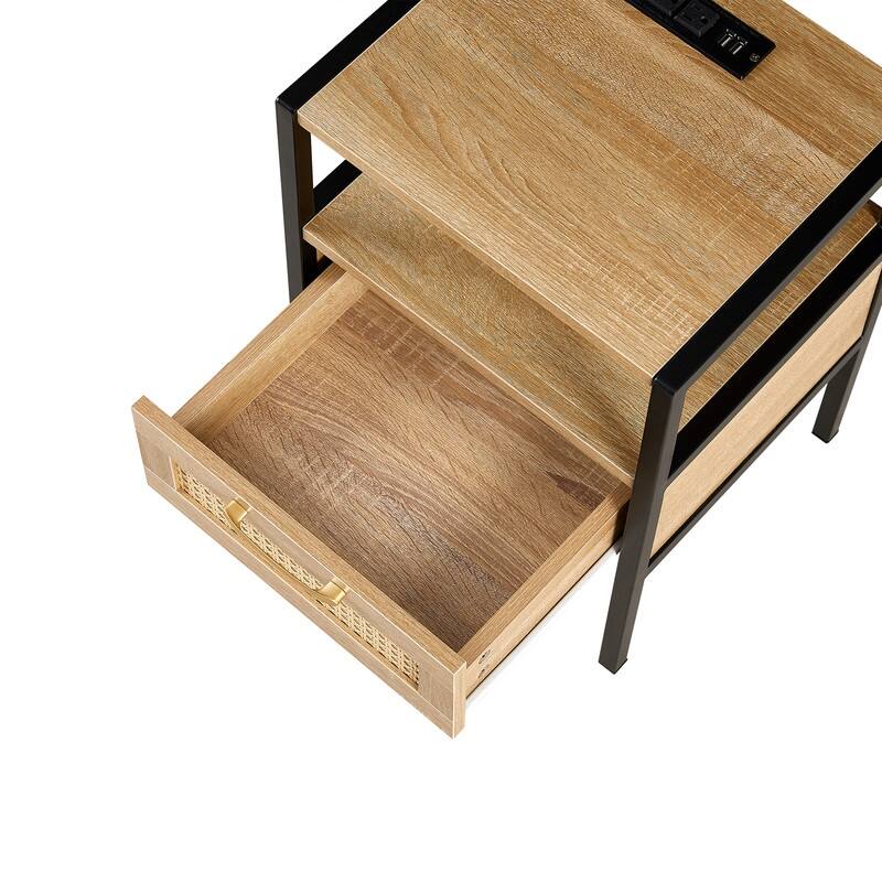 15.75" Modern Rattan End Table with Charging Station Nightstand with Drawer Metal Legs Side Table