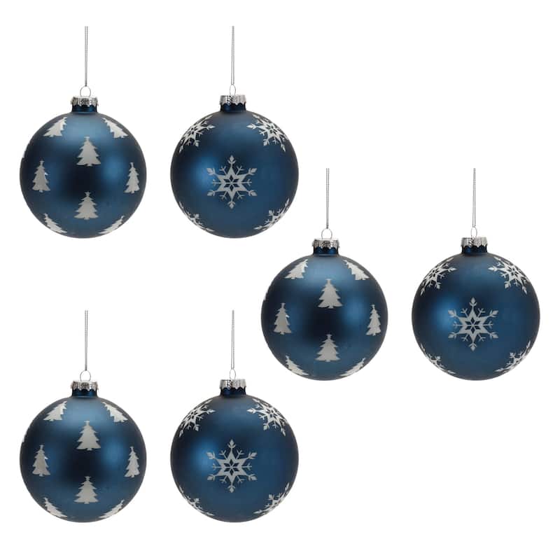 Snowflake and Pine Tree Glass Christmas Ball Ornaments - Blue - 4" (110mm) - 6ct