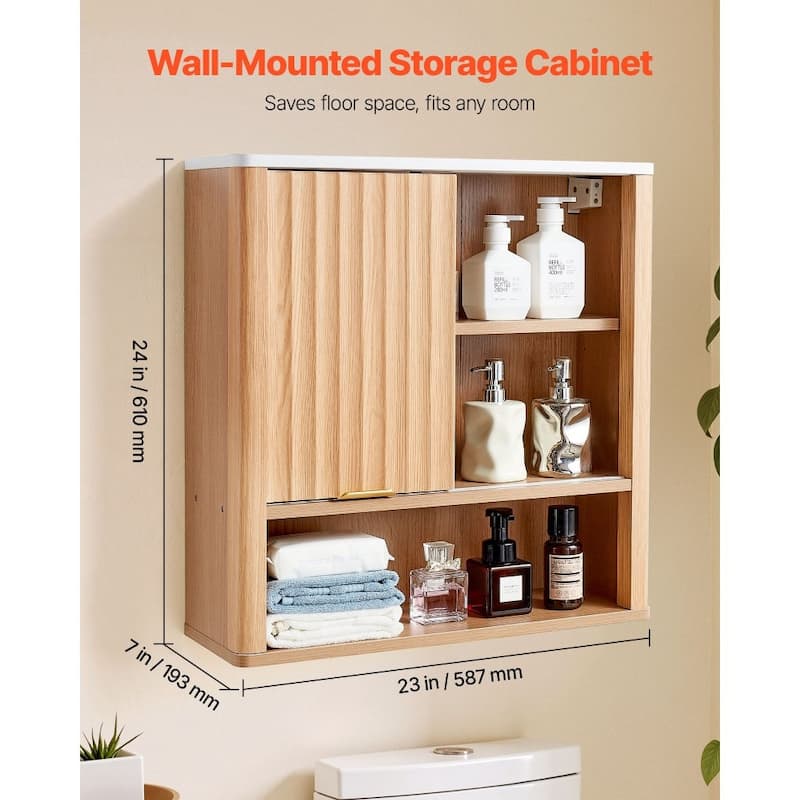 Natural MDF Wall Mounted Bathroom Cabinet with Adjustable Shelves and Doors for Small Space - 23” x 7” x 24”