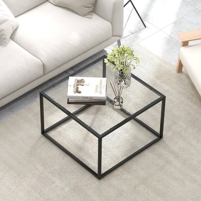 Gymax Glass Coffee Table 27.5 Inch Modern Square Metal Frame Living