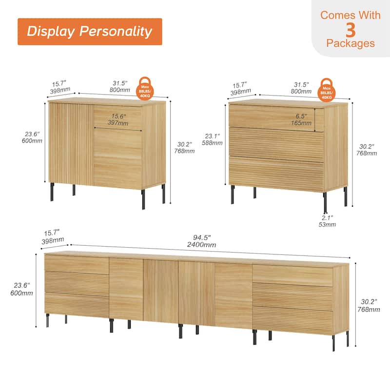 126" Modern Reeded 4-Door Sideboard With Drawers, 4-In-1 Wooden Credenza Storage Cabinet