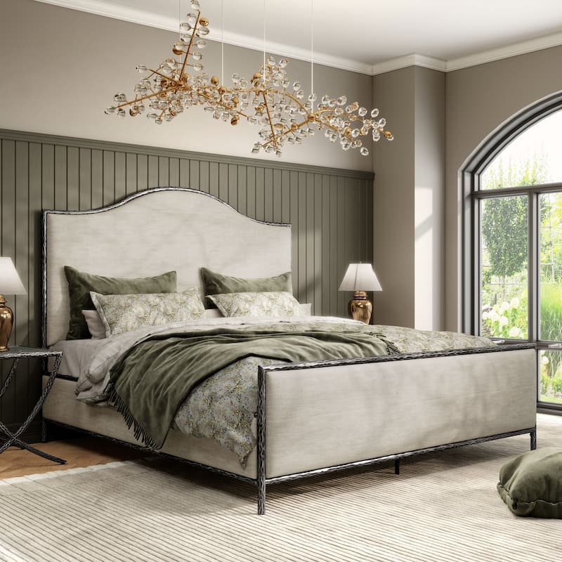 247 Shop At Home Lalia Modern Beige Upholstered Hammered Metal Camelback Bed - Matte Grey - King