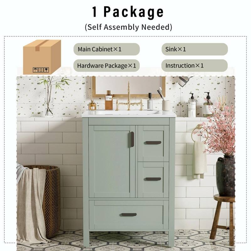 24" Modern Bathroom Vanity with Ceramic Sink, Soft-Close Door, Double-Layer Door Shelf & 3 Drawers