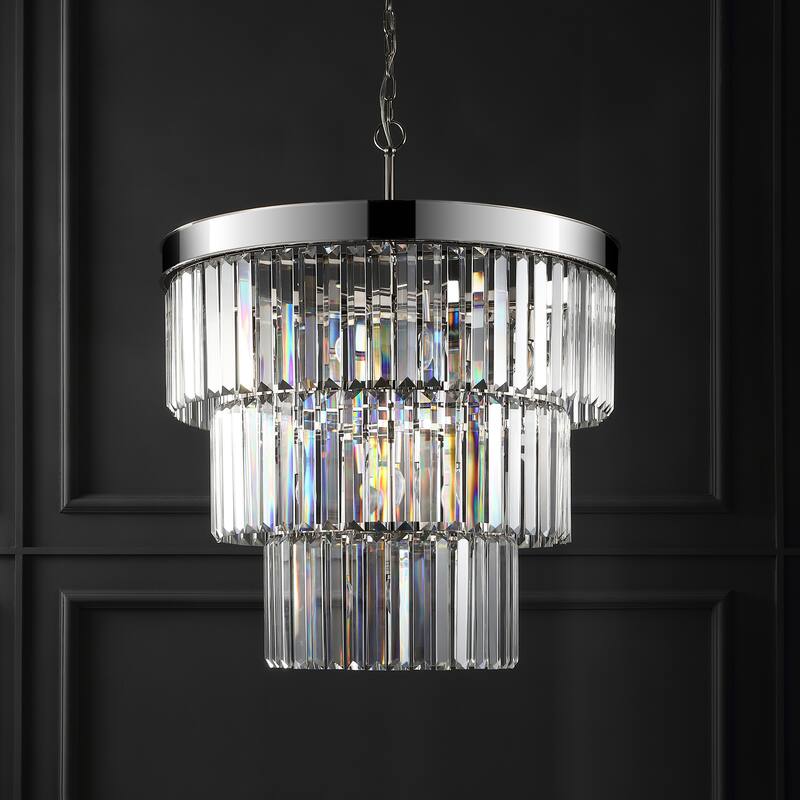 SAFAVIEH Couture Coulette Art Deco 3-Tier Crystal Chandelier - 30 IN W x 30 IN D x 42 / 90 IN H - Nickel