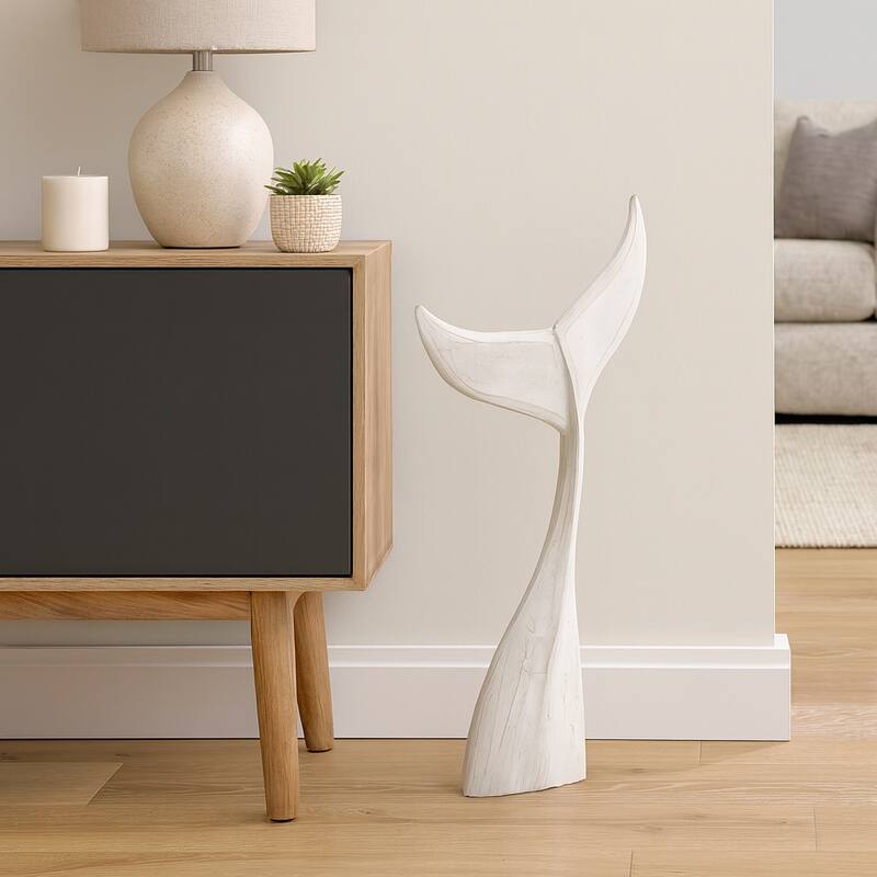 Artistic Wood Whale Tail Figurine Sculpture Home Decor - White