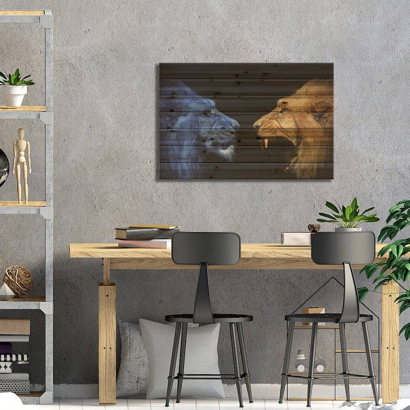 Lions In The Fight Print On Wood by Adrian Vieriu - Multi-Color