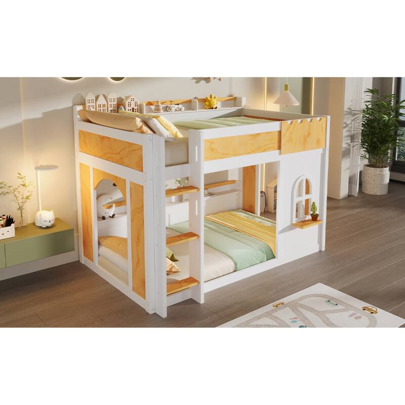 Roomfitters Twin Over Twin/Full Over Full Bunk Bed with Window, Two Doors and Storage Shelves, Natural and White