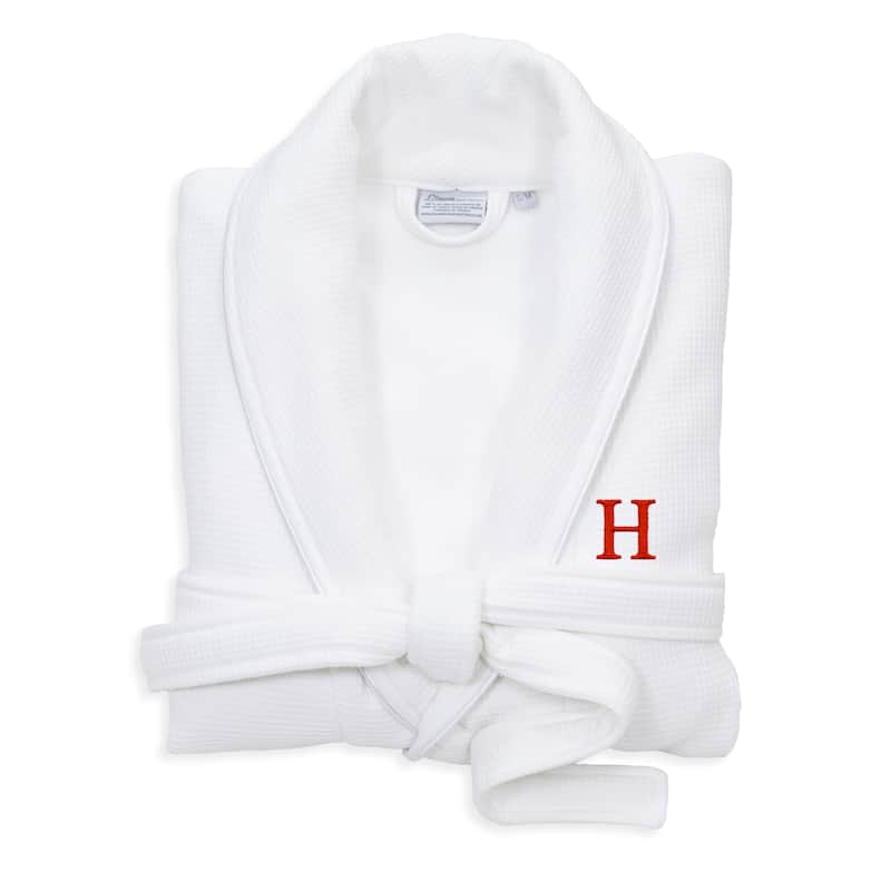 Authentic Hotel and Spa White Unisex Turkish Cotton Waffle Weave Terry Bath Robe with Red Block Monogram - S/M - H