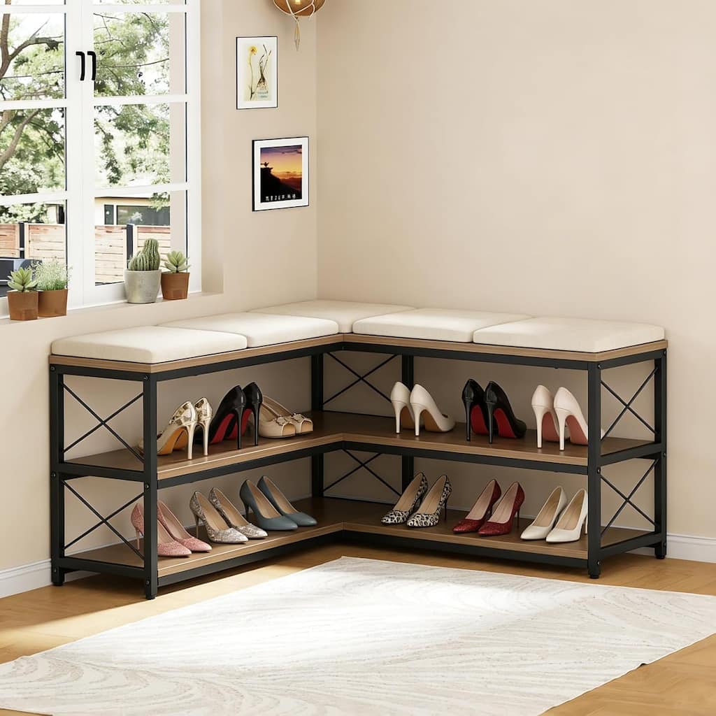 39.4" L-Shaped Shoe Rack Bench, 3-Tier Entryway Corner Bench with Shoe Storage