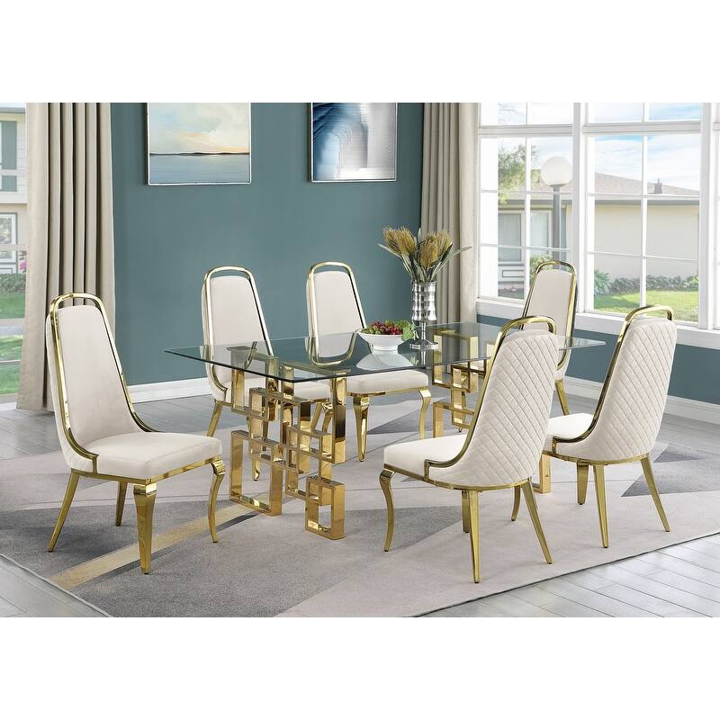 Best Quality Furniture Small Glass Table Dining Sets - 7pcs - Gold Chrome - Cream