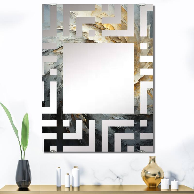 Designart "Gold And White Abstract Spiral Collage" Abstract Collages Mirror - Modern Large Wall Mirror For Living Room - 40 in. wide x 30 in. high