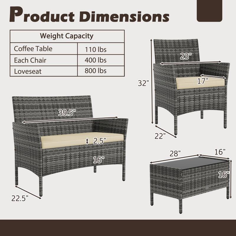 Gymax Set Of 4 Patio Furniture Set w/Washable Cushions & Tempered