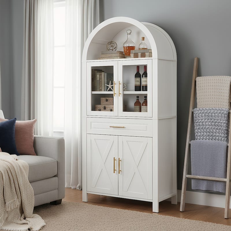 Arched Kitchen Pantry Cabinet with Glass Door, Farmhouse 71" Storage Cabinet with Adjustable Shelves & Barn Door Design