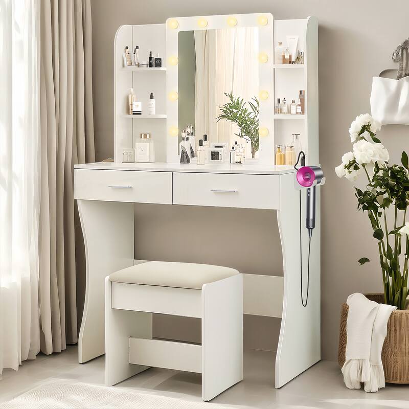 Makeup Vanity with Power Outlet - White