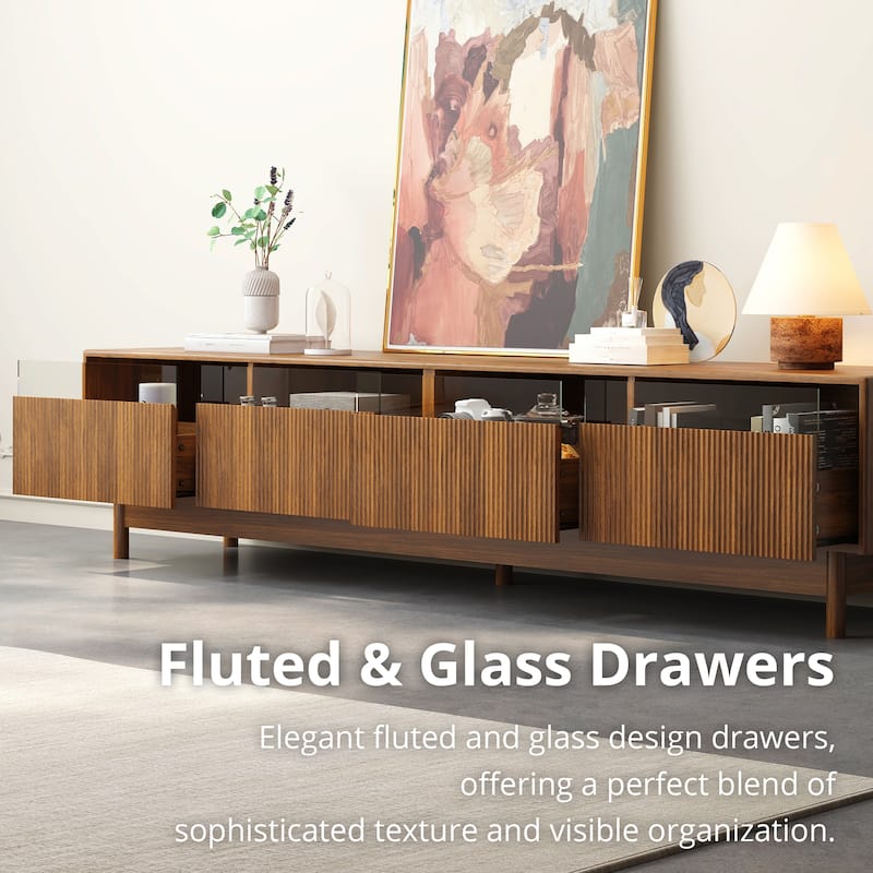 TV Stand for TVs up to 85", Mid Century Modern Entertainment Center with Glass Drawers, Wood TV Console Table