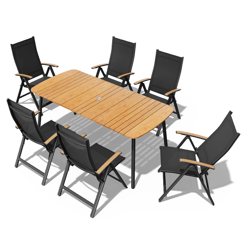 7/9PC Patio Dining Table Rectangular Aluminum Outdoor Table with Folding Chairs