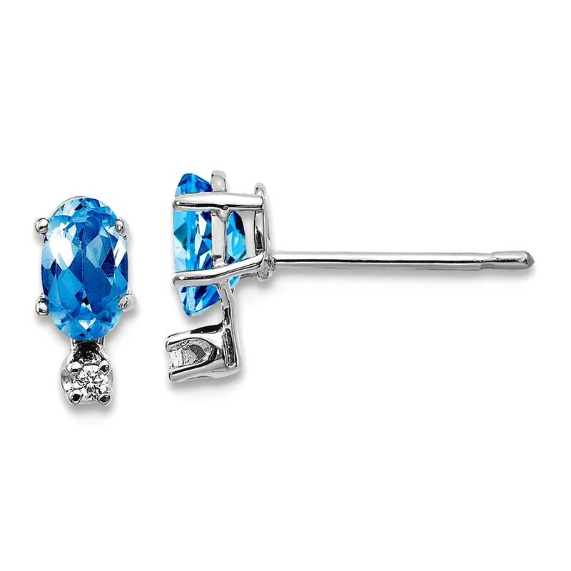 Curata 14k Yellow or White Gold Small Genuine Gemstone and Diamond Stud Earrings - 7x3mm - Blue Topaz - White