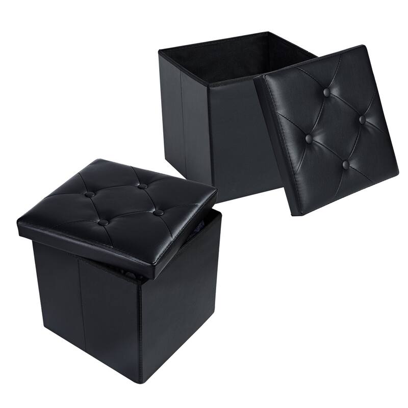 2 PC Storage Folding Ottoman, Storage Footrest Stool, Faux Leather Storage Bench Cube with Padded Seat for Small Space