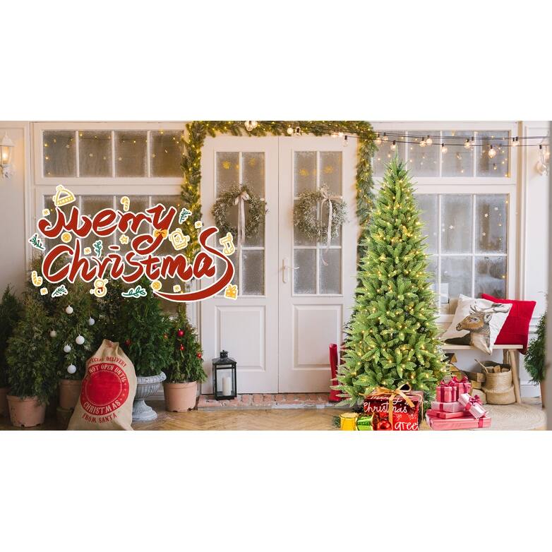 Pre-Lit Slim Artificial Pencil Tree - Warm White LED Lights, PE/PVC Tips, Hinged Design, Metal Stand - Green